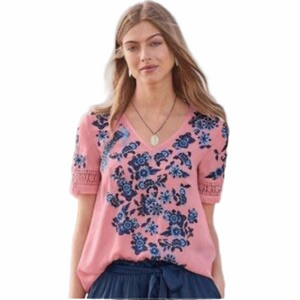 Sundance Pink V-Neck Tunic with Navy Floral Embroidery